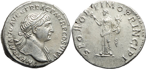 Ancient Roman silver coin of Trajan - SPQR OPTIMO PRINCIPI